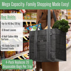 VENO 4 Pack Reusable Grocery Bags with Hard Bottom, Heavy-Duty Shopping Bags for Shopping Cart (Windowpane, 4 Pack)