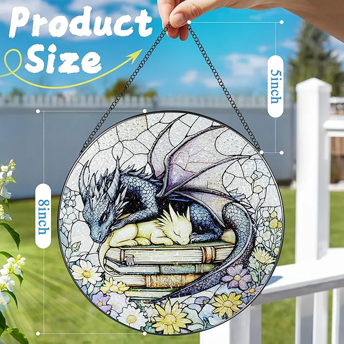 Stained Glass Window Hanging, 8 Inch Dragon Stained Glass Suncatcher, Dragon Decor, Home Decor for Windows, Book Lover Gift, Gifts for Book Lovers, Gifts for Bookworm on Birthday Christmas