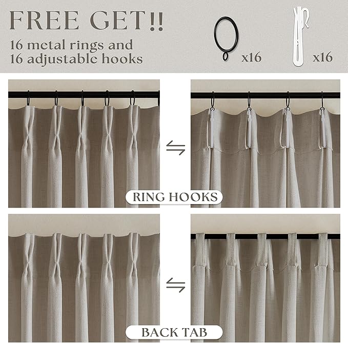 Pinch Pleated Linen Curtains 108 Inches Long for Living Room 2 Panels Set Greyish Beige Flax Double Pleated Drapes Back Tab Farmhouse Ceiling Floor 108 Inch Window Curtains Bedroom Burlywood Birch