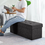Ornavo Home Foldable Tufted Linen Large Storage Ottoman Bench Foot Rest Stool/Seat - 15" x 45" x 15" (Black)