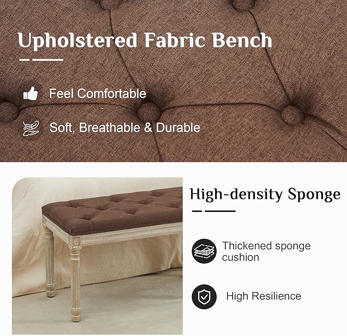LOULENS 57.7" Linen Fabric End of Bed Bench, French Upholstered Button Tufted Bench for Bedroom End of Bed, Window Seat with Carved Wood Legs for Bedroom, Living Room, Entryway, Brown
