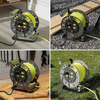 Masterplug 60ft Cord Reel, Retractable Extension Lead with Winding Handle, Safety Overload Circuit Breaker and Power Switch, 4X Grounded Outlets, 13amps, 14AWG Cable