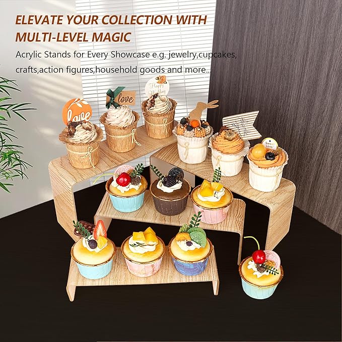ELEGANTLIFE Acrylic Display Riser,4.3mm Heavy Duty Crystal Display Stand Shelf Layered Aesthetic, Jewelry Display Shelf Risers for Décor,4 Pack Set Multi-color (Light Wood Imitation)