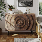 Farmhouse 4-Door Storage Cabinet, Accent Sideboard Buffet Cabinet with Circle Pattern and Radioactive Wood Lines, for Living Room, Dining Room, Bedroom, Brown