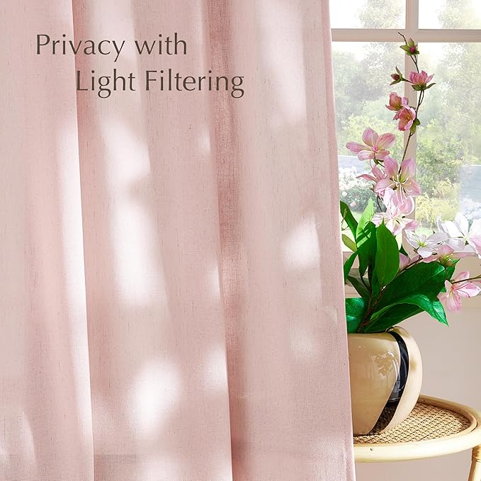 NICETOWN Thick Linen Blend Light Pink Sheer Curtains for Girls Room, Pleat Tape Semi Sheer Privacy Added with Light Filtering Window Treatments for Bedroom/Living Room, W52 x L84, 2 Panels