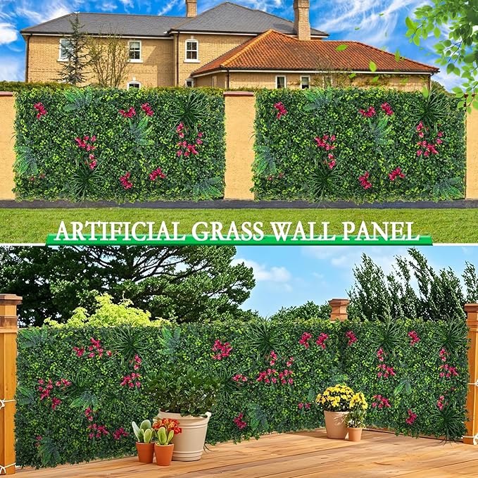 Artificial Boxwood Wall Panels, 20''x20'' 16pcs Grass Wall Panels with Mint Plant Leaves, Greenery Backdrop Privacy Screen with UV Protection, Green Grass Wall for Garden Indoor Outdoor Decor