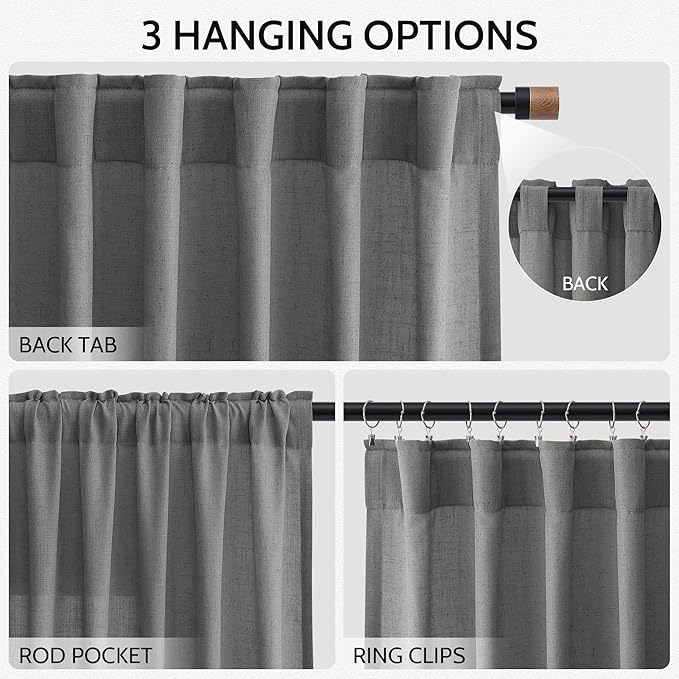 Blazer Grey Curtains 63 Inches Long 2 Panel Sets for Living Room Bedroom, Light Filtering Linen Drapes for Kitchen Windows Rod Pocket or Back Tab Curtain,Semi Sheer 52x63