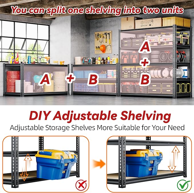 48"W Garage Shelving, 3050LBS Storage Shelves Heavy Duty, 5 Tier Metal Shelving Unit Adjustable Garage Shelves Heavy Duty Shelving for Warehouse,Commercial, Kitchen, 48" W × 24" D × 72" H, Black