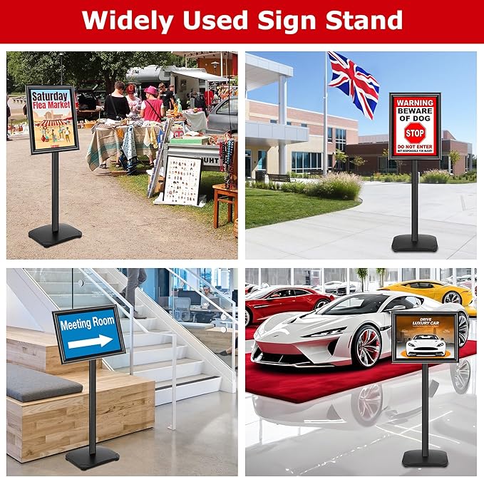 3 Pack Heavy Duty Sign Holder Stand 11x17 Inch - Pedestal Floor Standing Sign Holder with Weighted Base - Vertical & Horizontal Poster/Menu Display Stands for Indoor/Outdoor Advertising, Black