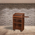 OEF Furnishings Mobile Floor Lectern with Side Shelf And Keyboard Tray, Medium Oak
