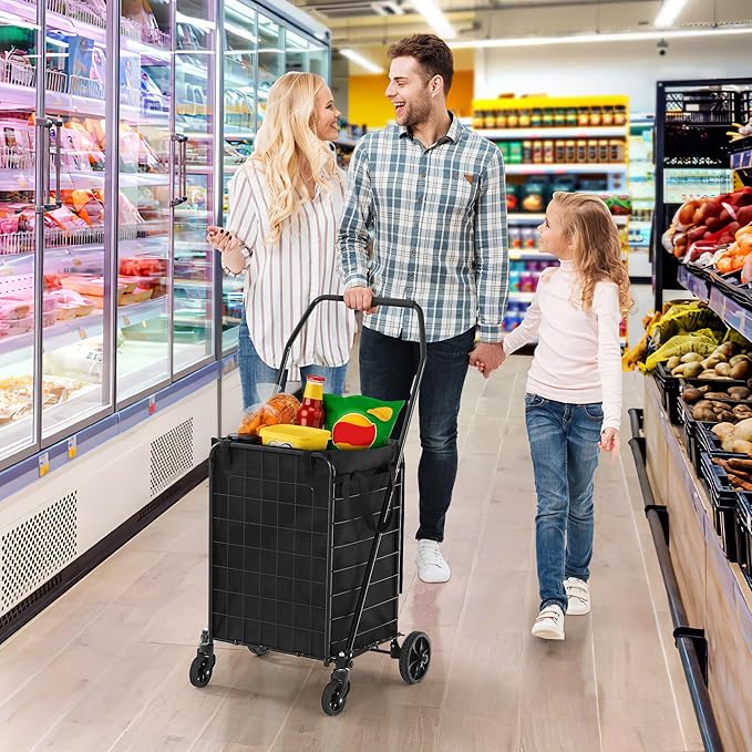 DWVO Folding Shopping Cart with Waterproof Liner, Collapsible Utility Cart with Wheels for Seniors, Portable Grocery Cart for Shopping, Laundry, Storage, and Camping
