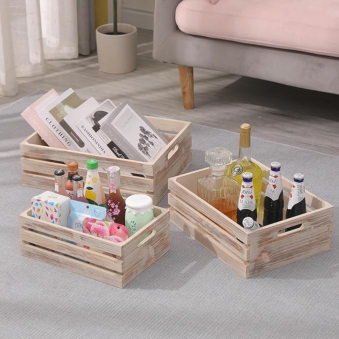 Large Size Wood Crates for Storage, Decorative Vintage Walnut Wooden Boxes for Display, Handmade Solid Wood Set of 3 Rustic Crates (Walnut)