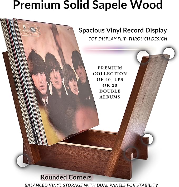Honygebia Wooden Vinyl Record Holder - Wood Record Album Holder, V-Shaped Vinyl Record Storage Racks, Album Holders for Vinyl Records, Shelf for Storing Collection of 40 Premium LPs (Solid Sapele)