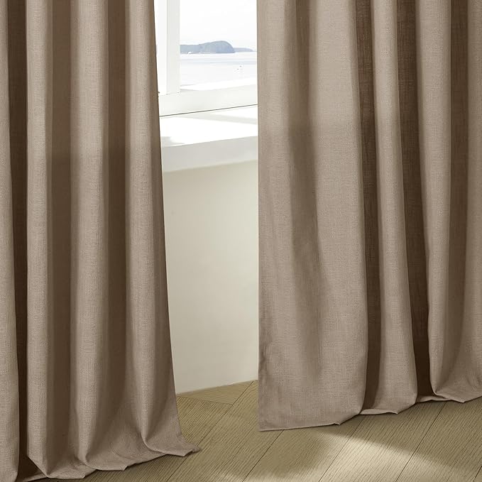 Pleated Linen Curtains 96 Inches Long for Living Room 2 Panel Set Semi Sheer Light Filtering Pinch Pleat with Rings Hooks Drapes Boho Farmhouse Rustic Light Brown Tan Latte Curtain Bedroom Window