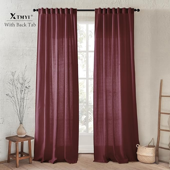 Maroon Wine Red Curtains 96 Inches Long for Living Room 2 Panels Set Linen Hooks Track Solid Regular Xmas Holiday Country Farmhouse Christmas Seasonal Themed Winter Curtains for Dining Room Bedroom