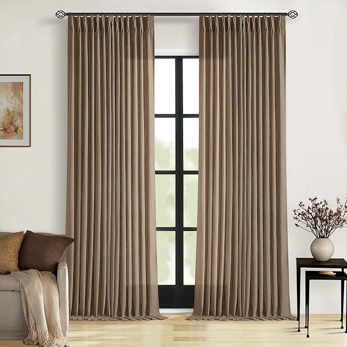 Brown Linen Pinch Pleated Curtains 108 Inches Long 2 Panels for Living Room Bedroom Light Filtering Drapes 108 Inch Length Dutch Cocoa Semi Sheer Memory Shape Trained Ceiling Floor Curtain