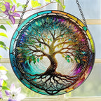 Stained Glass Window Hanging, LAOWEIKI 8'' Tree of Life Suncatcher, Stained Glass Ornament, Suncatchers for Windows Hanging, Window Decor, Outdoor or Indoor, Gifts for Mom, Grandma, Wife, Family