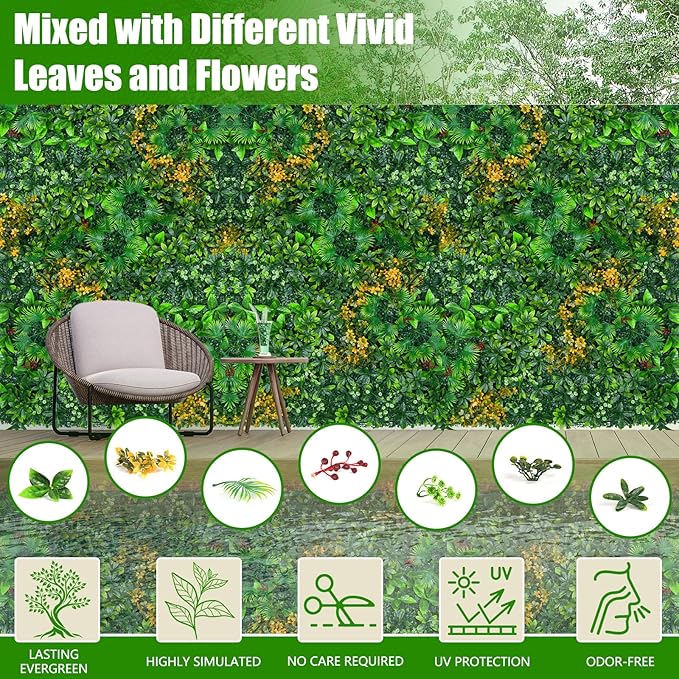 Grass Wall Panels, 20"x20" 16pcs Artificial Grass Backdrop Wall with Tropical Leaves, UV-Anti Faux Greenery Plant Boxwood Panels for Privacy Fence Screen, Green Wall Decor for Outdoor Indoor