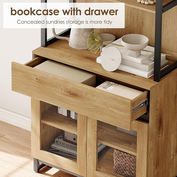 WAMPAT 3 PCS Modern 72" Tall Bookcase with 3 Drawers and Open Book Shelfs, Library Book Shelf with Storage Cabinet and Glass Doors, Wood Freestanding Bookshelves for Home Office, Living Room, Oak