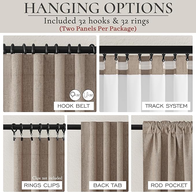 Dark Flax Black Out 120 Inch Long Boho Curtains 2 Panel Set, Farmhouse Curtain for Living Room Darkening/Thermal/Noise Reduction Textured Linen Drape 10ft Hook&Ring Included Chocolate 50"Wx120" L