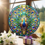 Stained Glass Window Hanging, LAOWEIKI 8'' Peacock Suncatcher, Stained Glass Ornament, Suncatchers for Windows Hanging, Window Decor, Outdoor or Indoor, Gifts for Women, Lovers, Couple, Friend, Bestie