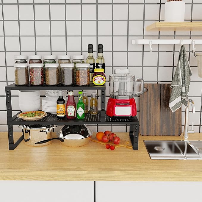 Expandable Adjustable Stackable Kitchen Organizer, Spice Rack,Metal Pantry Storage Shelves Racks,Counter Shelf for Cabinets, Countertop, Cupboard (3 Packs/Medium/Black)
