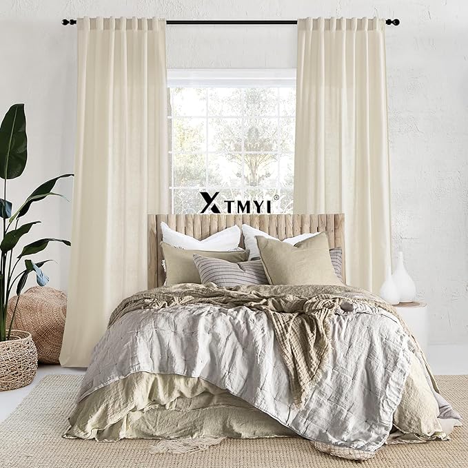 XTMYI Tan Beige Curtains 84 Inches Long for Living Room,Sheer Linen Hooks Pleated Back Tab Light Filtering Semi Opaque Curtains for Bedroom,Set of 2 Panels