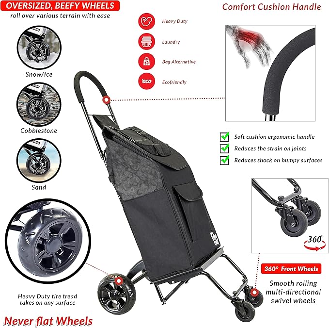 dbest Products Trolley Dolly Rover with Bag, 4 Wheeled Grocery Shopping Cart Push Folding Utility Hand Truck Swivel Wheels Garden Lightweight Luggage Carrito de Compras Plegable