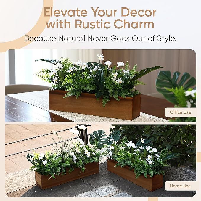 zaqro Wood Planter Box Set of 2 – Real Acacia Planter Boxes with Removable Soft Plastic Cut to fit Liners – Long Rectangular Indoor - Window Planter Box for Herbs, Flowers, Succulents