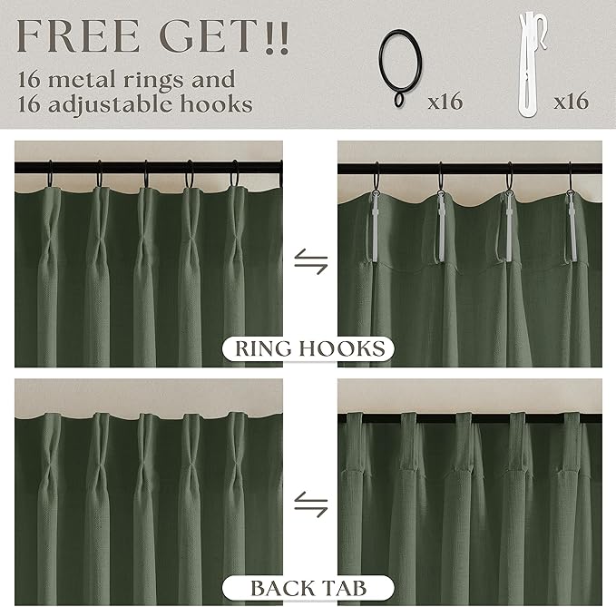 Olive Green Linen Curtains 45 Inch Length 2 Panel Set for Small Windows Rustic Country Linen Cotton Light Filtering Drapes Privacy Pinch Pleated Back Tab Semi Sheer Kitchen Curtains 45 Inches Long