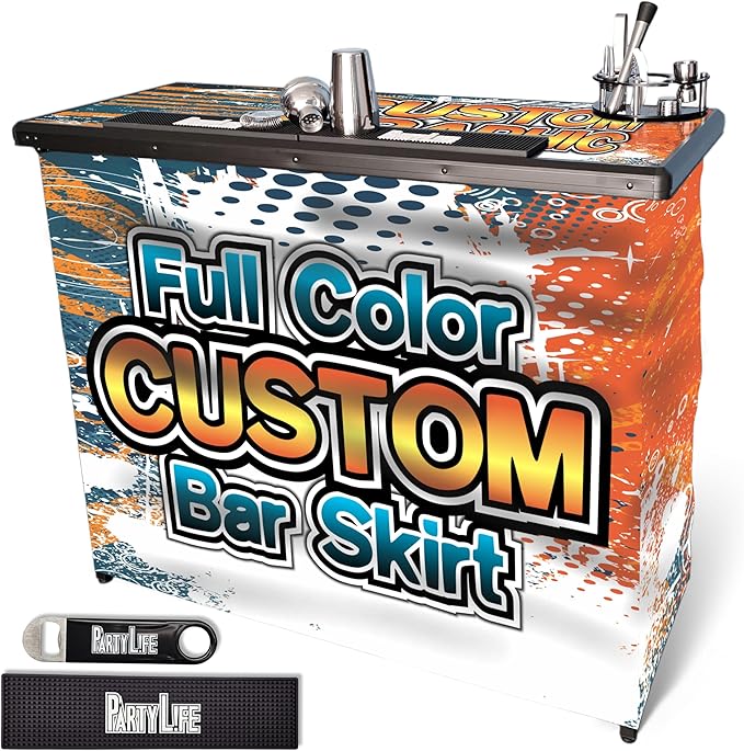 PartyLife Custom Premium Portable Bar Table w/Folding Legs, Black Fabric Bar Skirt, 2 Storage Shelves & 2 Carrying Bags | Commercial Grade | Strong & Sturdy
