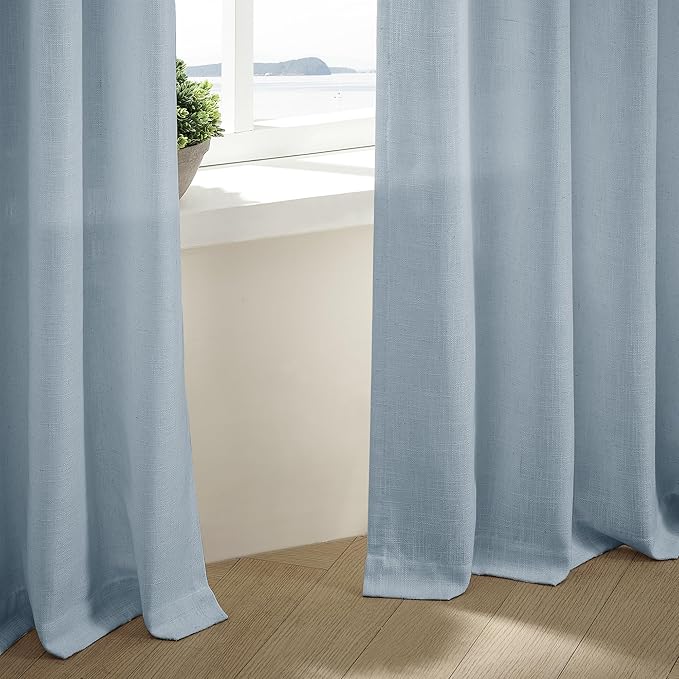 Dusty Blue Pleated Linen Curtains 96 Inches Long for Living Room 2 Panel Set Semi Sheer Light Filtering Pinch Pleat with Rings Hooks Drapes Boho Farmhouse Light Blue Grey Curtain Bedroom Window