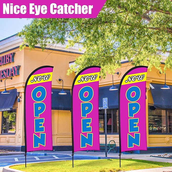 Buryeah 3 Sets Now Open Feather Flag Pole Kit for Business Advertising 7 ft Open Flag Banner Sign with Pole Kit Ground Stake and Portable Bag for Outside Ground (Lavender)