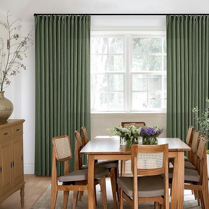 Loden 120 Inch Long Curtains Extra Long Olive Green Linen Pinch Pleated Curtains 2 Panels for Living Room Bedroom Thick Linen Pleated Hooks Rings Back Tab 120 Inch Drapes for Large Window