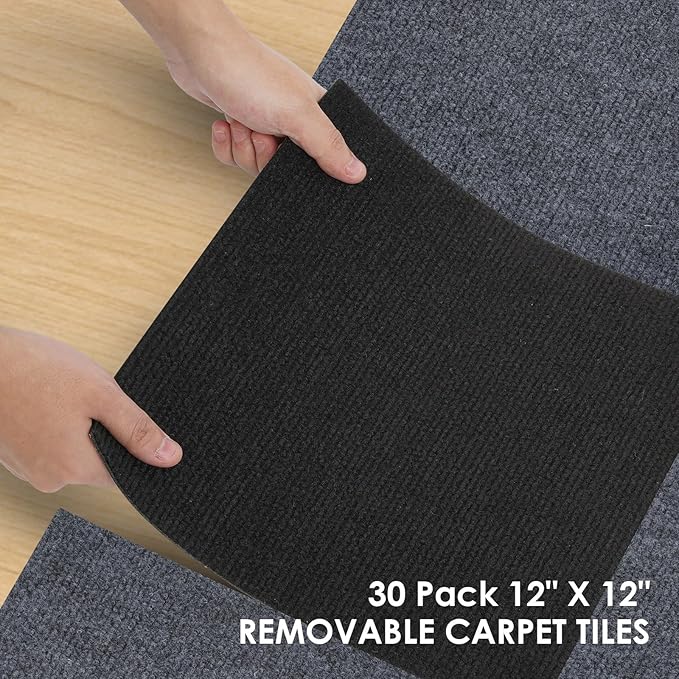 30 Pack Carpet Tile - 12” X 12” Self Adhesive Carpet Floor Tiles Anti-Slip Squares Peel and Stick Floor Tile DIY Installation for Bedroom (Black)