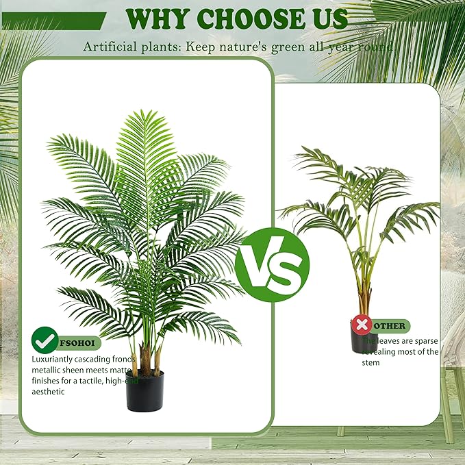 Artificial Palm Tree 4FT Faux Plants Indoor Tropical Fake Palm Tree Areca Floor Plant in White Pot with 13 Trunks & Real Bark Design, Faux Palm Plant for Outdoor Patio Home Room Office Decor
