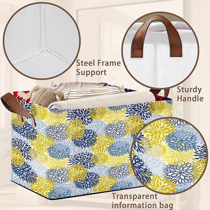 Floral Chrysanthemum Storage Basket Large 17x11.5x10.5 Inche-Collapsible Fabric Organizer Bin with Handles for Seasonal Decor,Living Room,Porch-Decorative Hamper with Elegant Blossom Pattern-1 Pack