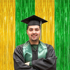 2 Pack Graduation Backdrop, Large Grad Decor 2025, Green Gold Graduation Photo Backdrop Fringe Curtains Party Streamer, Metallic Green and Gold Grad Decorations Class of 2025