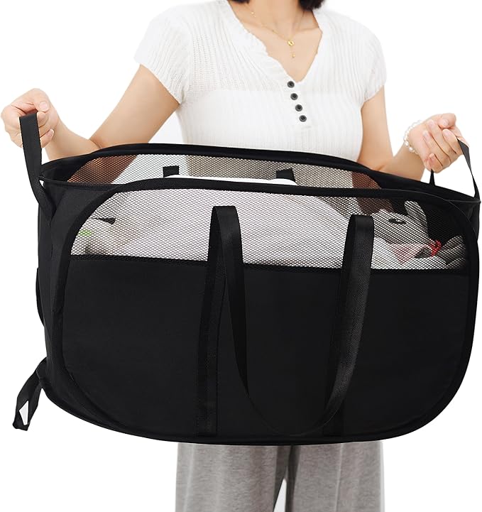 Pop-Up Laundry Basket，collapsible Mesh Laundry Hamper– With Extended Shoulder Straps, Sturdy Handles, and Premium Cationic Fabric (black)…