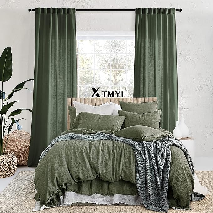 XTMYI 102 Inch Length Olive Green Sheer Linen Curtains 2 Panels Set,Hook Belt Pleated Back Tab Cotton Polyester Blend Light Filtering Semi Sheer Curtain Drapes for Living Room Bedroom,50x102 in Long