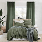 XTMYI Short Curtains for Bedroom,Pole Pocket Back Tab Linen Boho Small Curtain for Kitchen Shower Bathroom Window,54 Inch Length,Dark Olive Green