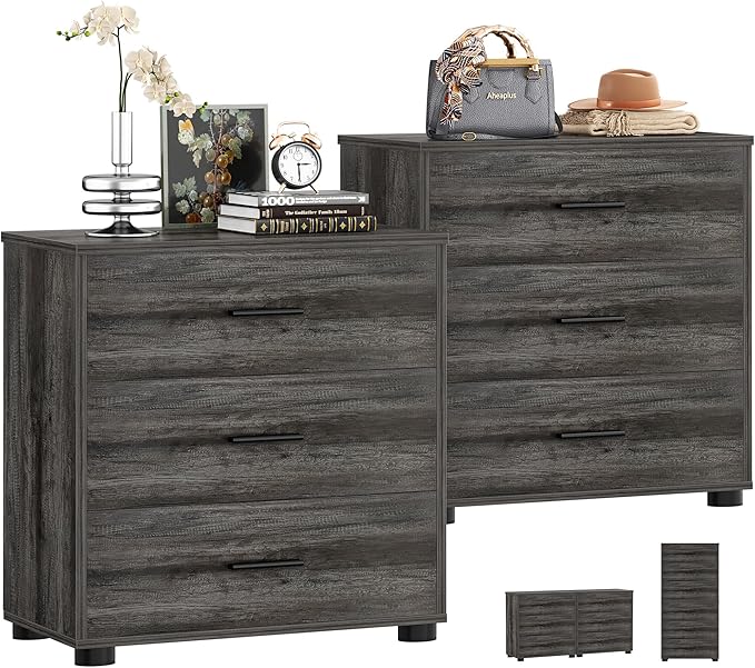 Aheaplus Closet Drawers Set of 2, Wood Closet Organizers and Storage with 3 Drawers, Closet Drawers Organizer System, Nightstands Bedside End Table with 3 Drawers Storage for Bedroom, Black Oak