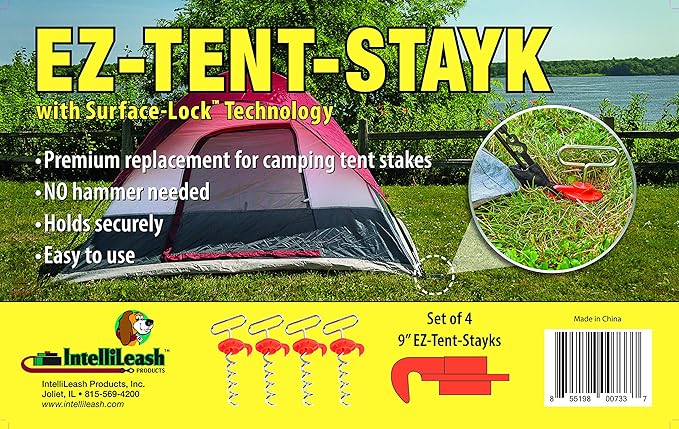 IntelliLeash EZ-Tent-Stayk (4 Pack): Secure Stakes for Tents, Canopies, & More - No Hammer Needed!