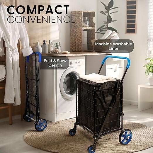 SereneLife Large Folding Utility Shopping Cart with Removable Liner – Heavy Duty, 360° Swivel Wheels, 110 lb Capacity, Portable for Groceries, Laundry, Luggage, and More (Blue)