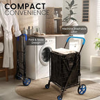 SereneLife Large Folding Utility Shopping Cart with Removable Liner – Heavy Duty, 360° Swivel Wheels, 110 lb Capacity, Portable for Groceries, Laundry, Luggage, and More (Blue)