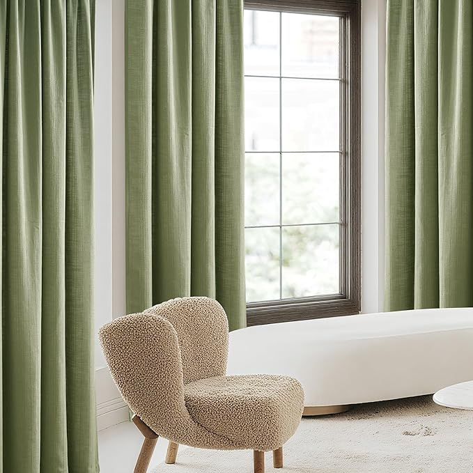 NICETOWN Waffle Weave Linen Sage Green Curtains for Bedroom, Privacy Farmhouse Drapes Light Filtering Window Treatments for Living Room, W52 x L84, 2 Panels