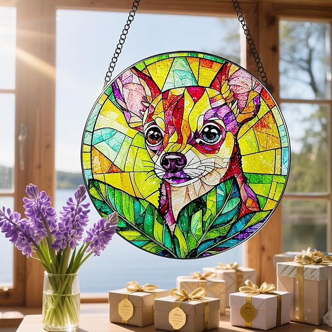 8″ Stained Glass Window Hanging Ornament, Vibrant Chihuahua Stained Glass Suncatcher Ornament, Sun-Catcher Window Decor | Gifts for Dog Lovers, Dog Lover Gift, Pet Lover Gift