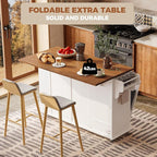 IRONCK Kitchen Island with Storage, Rolling Island Table on Wheels with Drop Leaf, Charging Station and Trash Can Storage, Portable Islands Table with Open Spice Rack and Drawer for Living Room, White