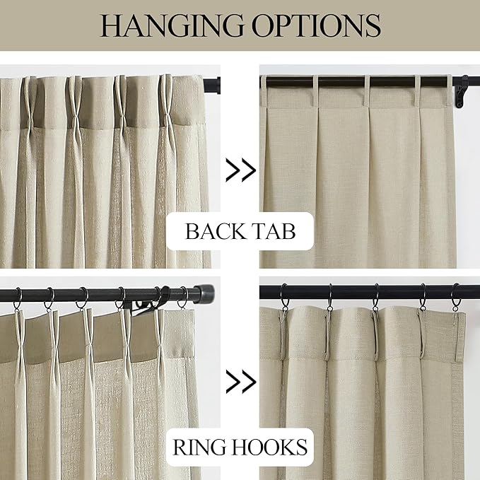 Vision Home Sand Pinch Pleated Semi Sheer Curtains Textured Linen Blended Light Filtering Window Curtains 95 inch for Living Room Bedroom Patio Pinch Pleat Drapes with Hooks 1 Panel 60" Wx95 L