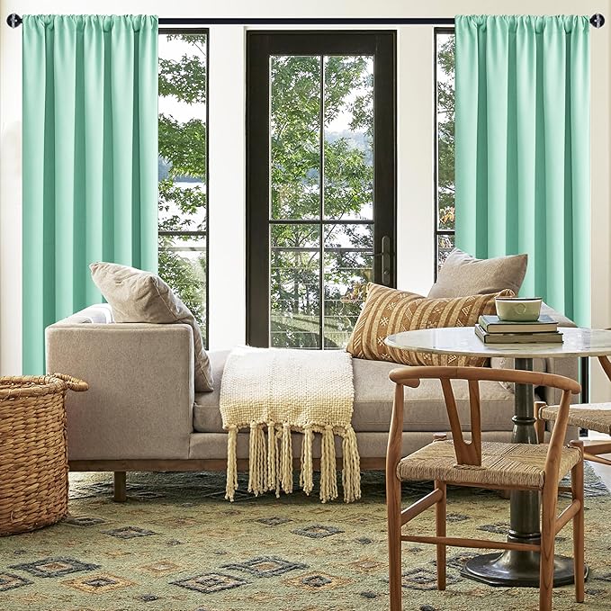 JIUZHEN Blackout Curtains for Bedroom– Thermal Insulated,Noise Reducing Room Darkening Privacy Drapes for Living Room, Set of 2 Panels with Tiebacks, 42 x 63 inch Long, Mint Green